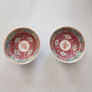 2 Vintage Chinese Jingdezhen Porcelain Longevity Red Spice/ Soy Sauce Dishes